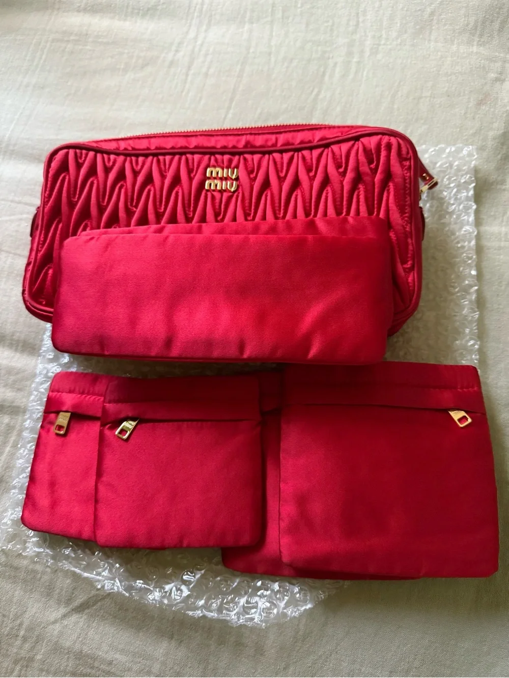 Miu Miu Red Quilted Matelassé Cosmetic Pouch with Gold Logo